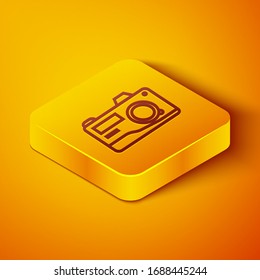 Isometric line Photo camera icon isolated on orange background. Foto camera icon. Yellow square button. Vector Illustration