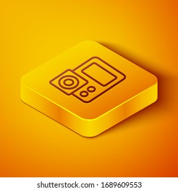 Isometric line Photo camera icon isolated on orange background. Foto camera icon. Yellow square button. Vector Illustration