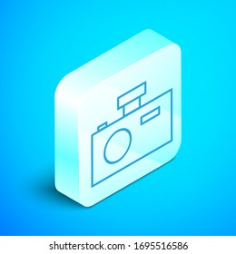 Isometric line Photo camera icon isolated on blue background. Foto camera icon. Silver square button. Vector Illustration