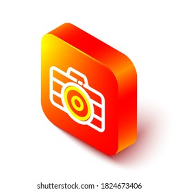 Isometric line Photo camera icon isolated on white background. Foto camera icon. Orange square button. Vector Illustration