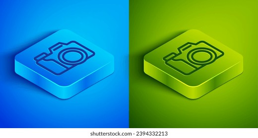 Isometric line Photo camera icon isolated on blue and green background. Foto camera. Digital photography. Square button. Vector