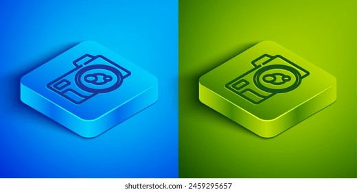 Isometric line Photo camera icon isolated on blue and green background. Foto camera icon. Square button. Vector