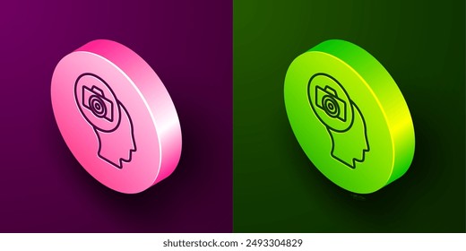 Isometric line Photo camera icon isolated on purple and green background. Foto camera. Digital photography. Circle button. Vector