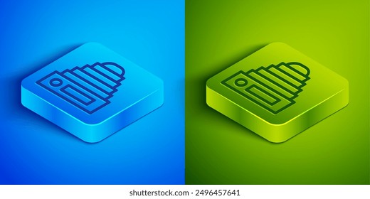 Isometric line Photo camera icon isolated on blue and green background. Foto camera. Digital photography. Square button. Vector