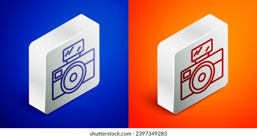 Isometric line Photo camera with lighting flash icon isolated on blue and orange background. Foto camera. Digital photography. Silver square button. Vector