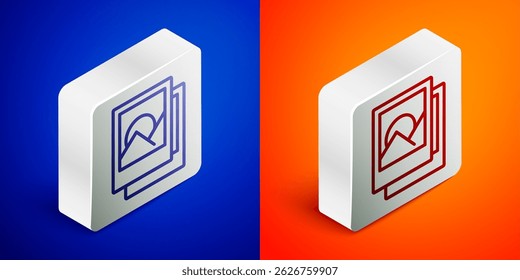 Isometric line Photo frame icon isolated on blue and orange background. Vintage empty photos frame. Silver square button. Vector
