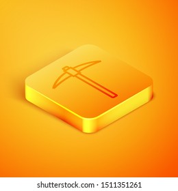 Isometric line Pickaxe icon isolated on orange background. Blockchain technology, cryptocurrency mining, bitcoin, digital money market, cryptocoin wallet. Orange square button. Vector Illustration