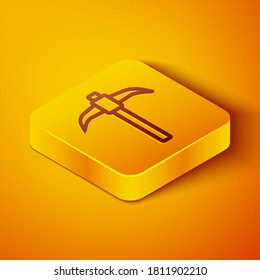Isometric line Pickaxe icon isolated on orange background. Yellow square button. Vector