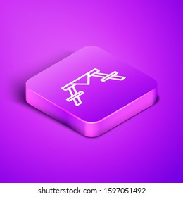 Isometric line Picnic table with benches on either side of the table icon isolated on purple background. Purple square button. Vector Illustration