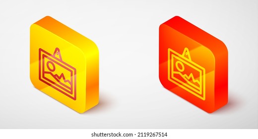 Isometric line Picture icon isolated on grey background. Yellow and orange square button. Vector