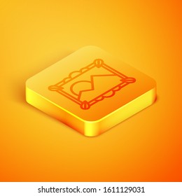 Isometric line Picture landscape icon isolated on orange background. Orange square button. Vector Illustration
