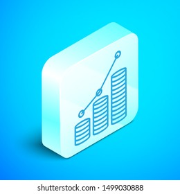 Isometric line Pie chart infographic and coin icon isolated on blue background. Diagram chart sign. Silver square button. Vector Illustration Isometric line Pie chart infographic and coin icon isolated on blue background. Diagram chart sign. Silver square button. Vector Illustration