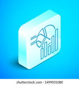 Isometric line Pie chart infographic icon isolated on blue background. Diagram chart sign.  Silver square button. Vector Illustration
