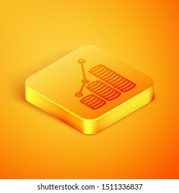 Isometric line Pie chart infographic and coin icon isolated on orange background. Diagram chart sign.  Orange square button. Vector Illustration