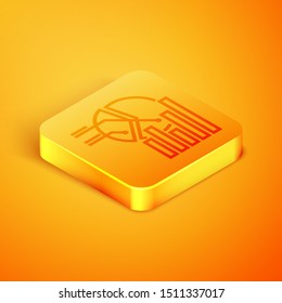Isometric line Pie chart infographic icon isolated on orange background. Diagram chart sign.  Orange square button. Vector Illustration