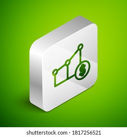 Isometric line Pie chart infographic e icono del símbolo del dólar aislado en fondo verde. Signo de diagrama de diagrama. Botón cuadrado plateado. Vector.