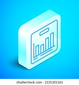 Isometric line Pie chart infographic icon isolated on blue background. Diagram chart sign. Silver square button. Vector