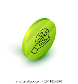 Isometric line Piece of puzzle in hand icon isolated on white background. Business, marketing, finance, template, layout, infographics concept. Green circle button. Vector Illustration
