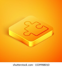 Isometric line Piece of puzzle icon isolated on orange background. Modern flat, business, marketing, finance, internet concept. Orange square button. Vector Illustration