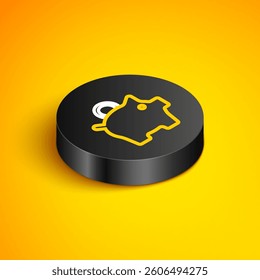 Isometric line Piggy bank icon isolated on yellow background. Icon saving or accumulation of money, investment. Black circle button. Vector