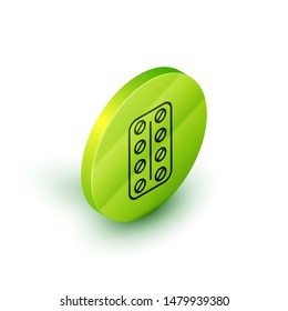 Isometric line Pills in blister pack icon isolated on white background. Medical drug package for tablet: vitamin, antibiotic, aspirin. Green circle button. Vector Illustration