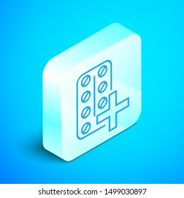 Isometric line Pills in blister pack icon isolated on blue background. Medical drug package for tablet: vitamin, antibiotic, aspirin. Silver square button. Vector Illustration