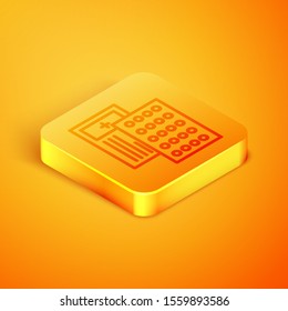 Isometric line Pills in blister pack icon isolated on orange background. Medical drug package for tablet, vitamin, antibiotic, aspirin. Orange square button. Vector Illustration