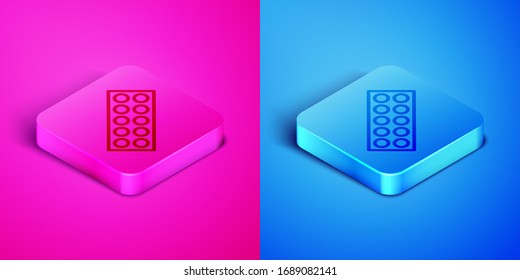 Isometric line Pills in blister pack icon isolated on pink and blue background. Medical drug package for tablet, vitamin, antibiotic, aspirin. Square button. Vector Illustration