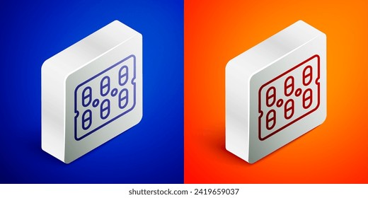 Isometric line Pills in blister pack icon isolated on blue and orange background. Medical drug package for tablet, vitamin, antibiotic, aspirin. Silver square button. Vector Illustration