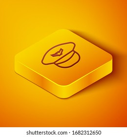 Isometric line Pilot hat icon isolated on orange background. Yellow square button. Vector Illustration