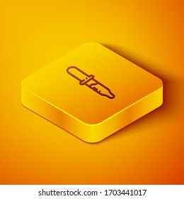 Isometric line Pipette icon isolated on orange background. Element of medical, chemistry lab equipment. Medicine symbol. Yellow square button. Vector Illustration