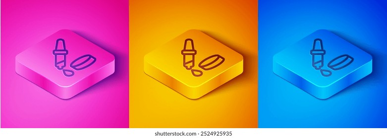 Isometric line Pipette icon isolated on pink and orange, blue background. Element of medical, chemistry lab equipment. Pipette with drop. Medicine symbol. Square button. Vector