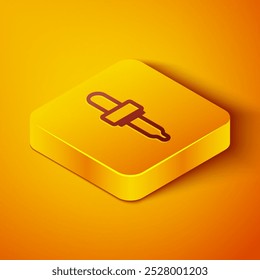 Isometric line Pipette icon isolated on orange background. Element of medical, cosmetic, chemistry lab equipment. Yellow square button. Vector