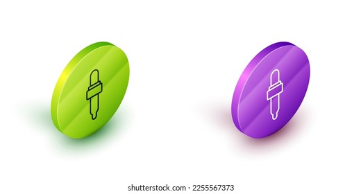 Isometric line Pipette with oil icon isolated on white background. Element of medical, chemistry lab equipment. Pipette with drop. Medicine symbol. Green and purple circle buttons. Vector