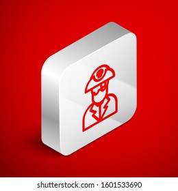 Isometric line Pirate captain icon isolated on red background. Silver square button. Vector Illustration