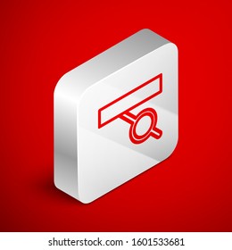Isometric line Pirate eye patch icon isolated on red background. Pirate accessory. Silver square button. Vector Illustration