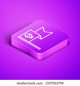 Isometric line Pirate flag with skull icon isolated on purple background. Purple square button. Vector Illustration