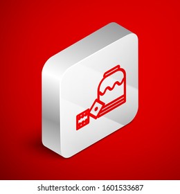 Isometric line Pirate game dice icon isolated on red background. Casino gambling. Silver square button. Vector Illustration