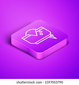 Isometric line Pirate hat icon isolated on purple background. Purple square button. Vector Illustration