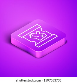 Isometric line Pirate treasure map icon isolated on purple background. Purple square button. Vector Illustration