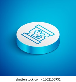 Isometric line Pirate treasure map icon isolated on blue background. White circle button. Vector Illustration