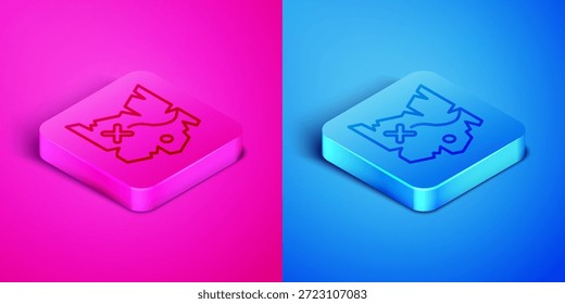 Linha isométrica Ícone do mapa do tesouro pirata isolado no fundo rosa e azul. Botão quadrado. Vetor