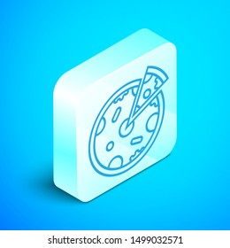 Isometric line Pizza icon isolated on blue background. Fast food menu. Silver square button. Vector Illustration