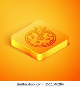 Isometric line Pizza icon isolated on orange background. Fast food menu. Orange square button. Vector Illustration