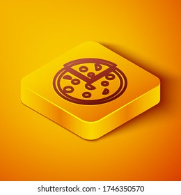Isometric line Pizza icon isolated on orange background. Fast food menu. Yellow square button. Vector Illustration