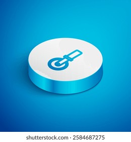 Isometric line Pizza knife icon isolated on blue background. Pizza cutter sign. Steel kitchenware equipment. White circle button. Vector