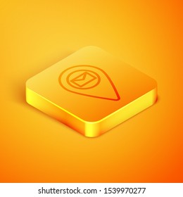 Isometric line Placeholder on map paper in perspective icon isolated on orange background. Orange square button. Vector Illustration