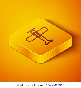 Isometric line Plane icon isolated on orange background. Flying airplane icon. Airliner sign. Yellow square button. Vector Illustration