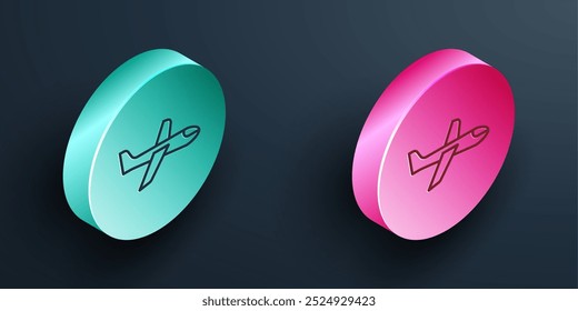 Icono plano de línea isométrica aislado sobre fondo negro. Icono de avión volador. Señal de avión. Botón circular turquesa y rosa. Vector