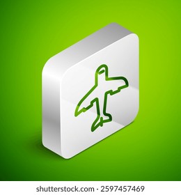 Isometric line Plane icon isolated on green background. Flying airplane icon. Airliner sign. Silver square button. Vector